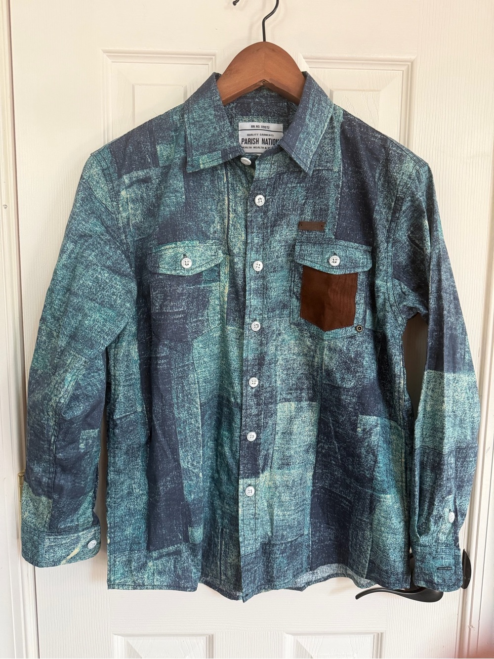 Boys Parish Nation Teal & Navy Button Up Shirt with Brown M 10-12 party dressy